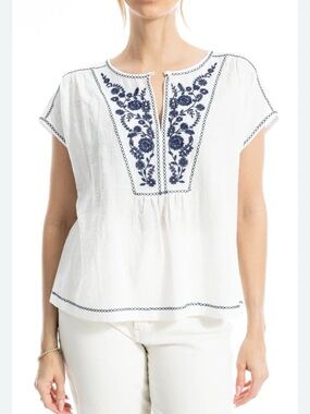 Max Studio London Embroidered Boho Blouse White Navy Floral Size 1XL